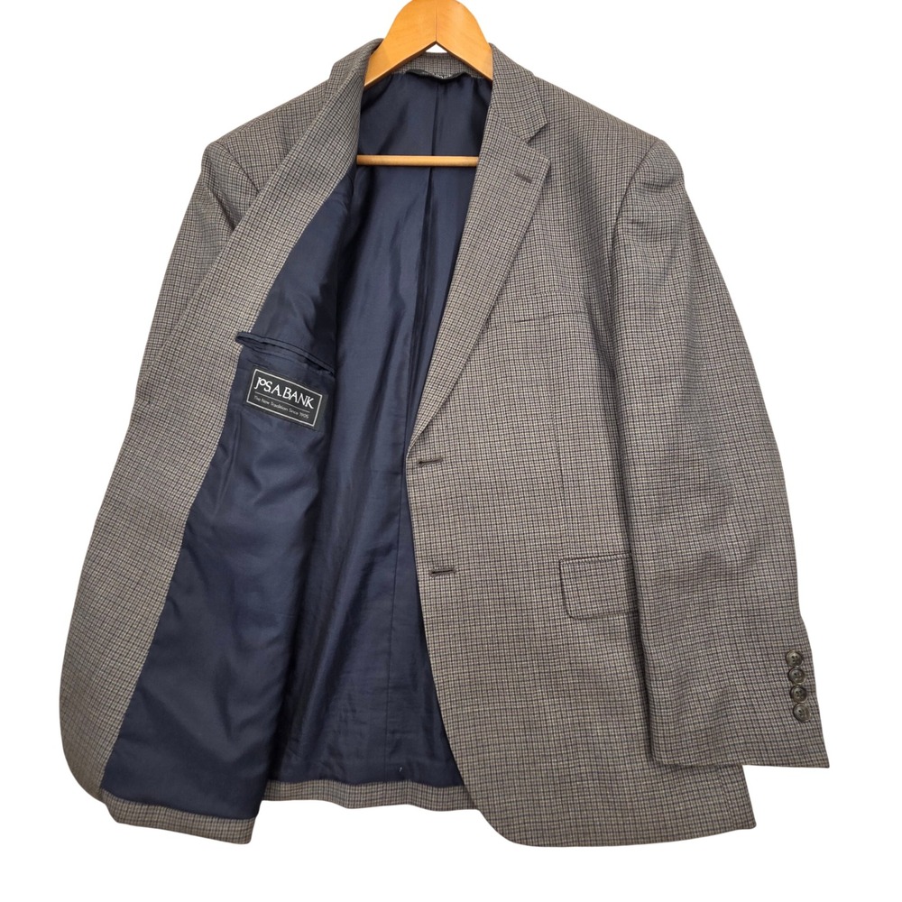 Jos A Bank Executive Blazer Mens 42S Gray Blue Wool Houndstooth Plaid Sport Coat